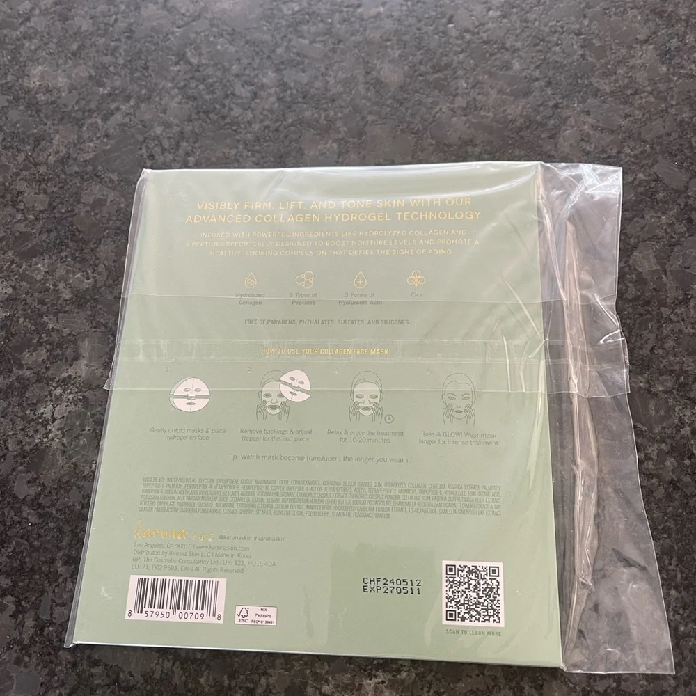 Karuna Skin Collagen Hydrogel two (2) Face Masks calms, boosts hydration +more